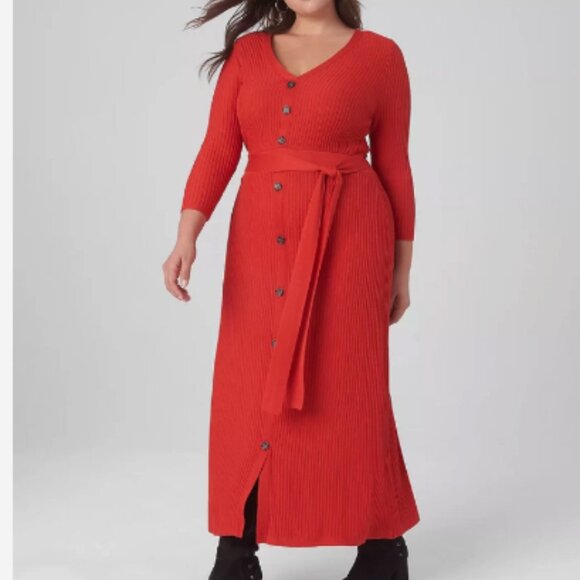 NEW LANE BRYANT RED 3/4 SLEEVE V-NECK BUTTON FRONT BELTED SWEATER DRESS 22/24 - Picture 1 of 9